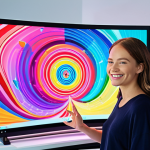 **AI as creative partner:** An artist in a bright, modern studio, collaborating with a holographic AI interface that displays swirling colors and abstract shapes. The artist is smiling, engaged in a dynamic creative process. Focus on vibrant colors and a sense of innovative technology blending with artistic expression.